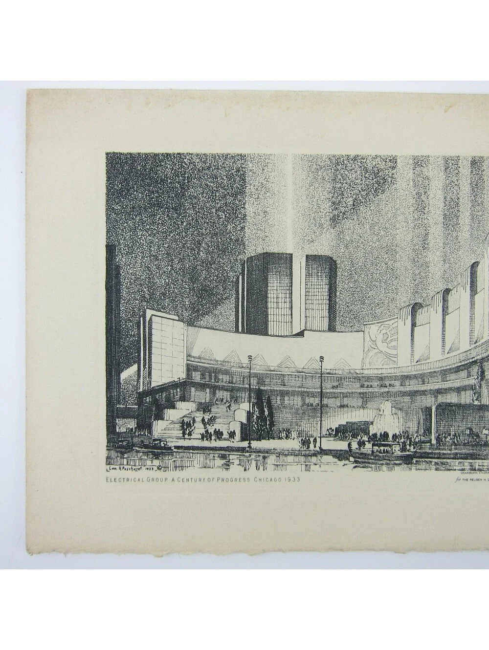 Leon Rene Pescheret Etching Vintage 1933 Chicago World's Fair Electrical Group